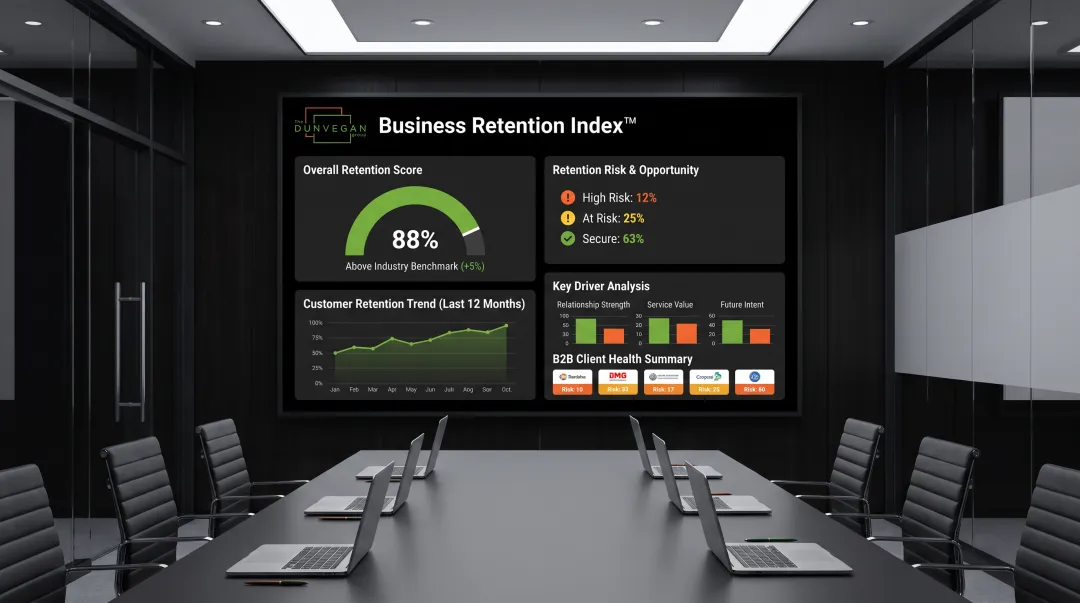 Dunvegan Group Business Retention Index™ dashboard displaying customer retention analytics