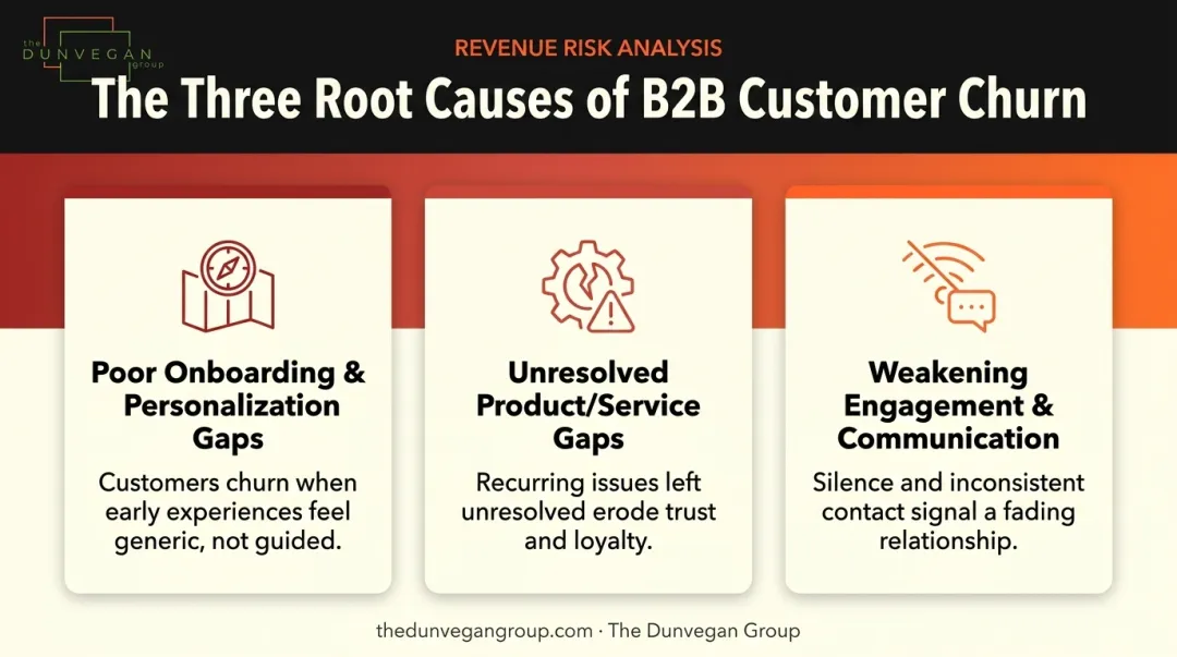 Three root causes of B2B customer churn infographic breakdown