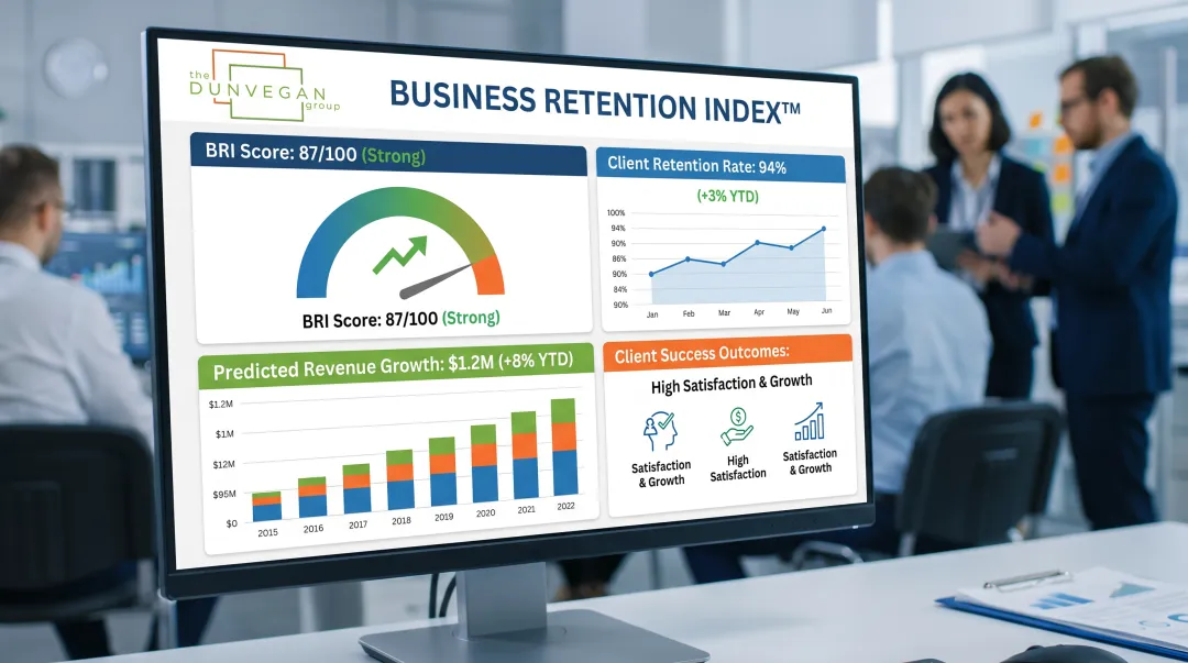 Business Retention Index™ dashboard predicting customer retention with client success metrics