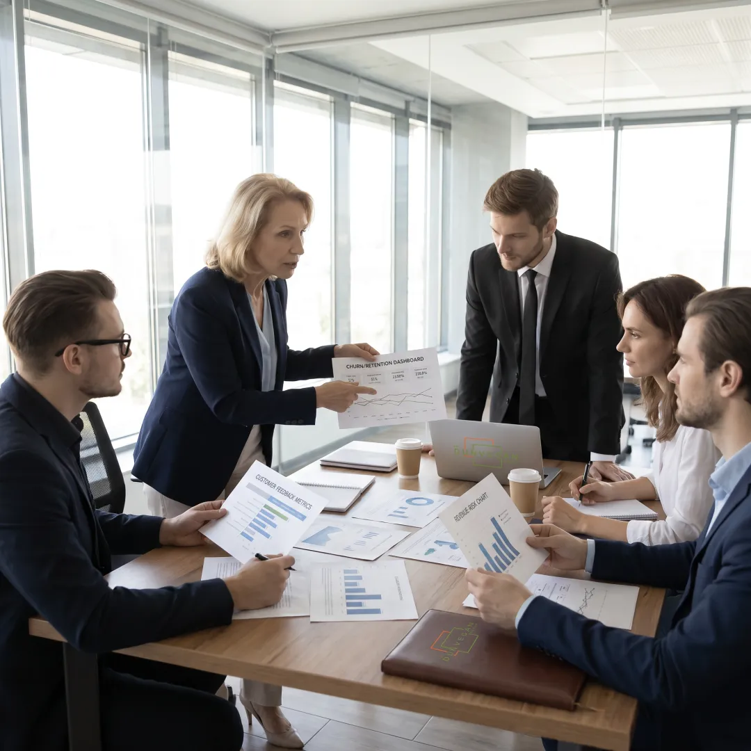 Business consultants reviewing retention insights
