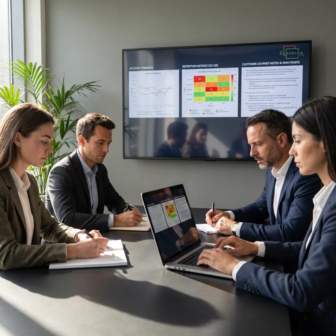 Consultants analyzing B2B customer retention data