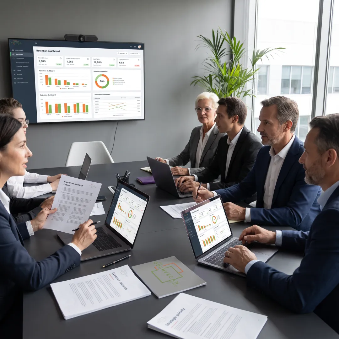 Business leaders reviewing customer retention insights