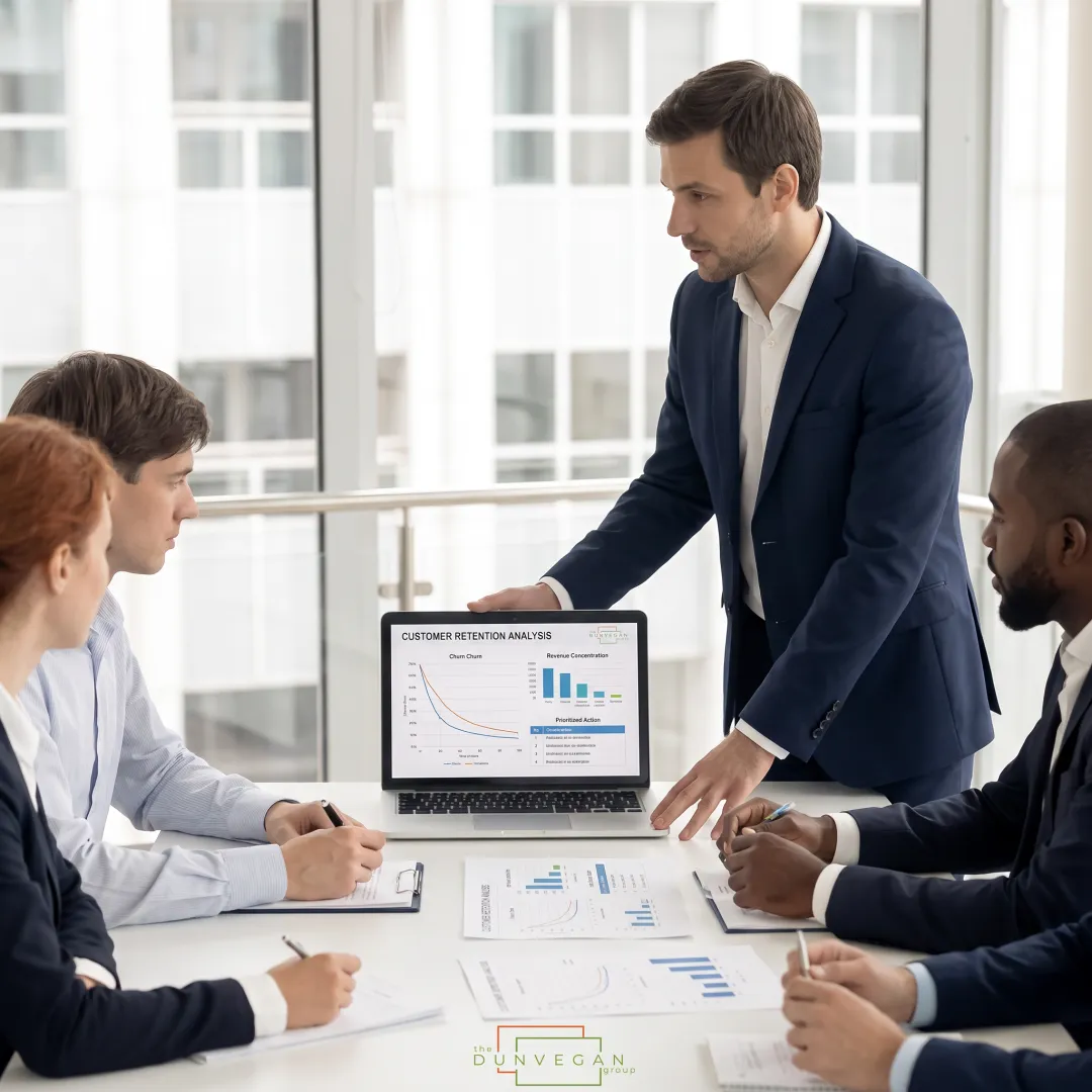 Consultant presenting customer retention findings