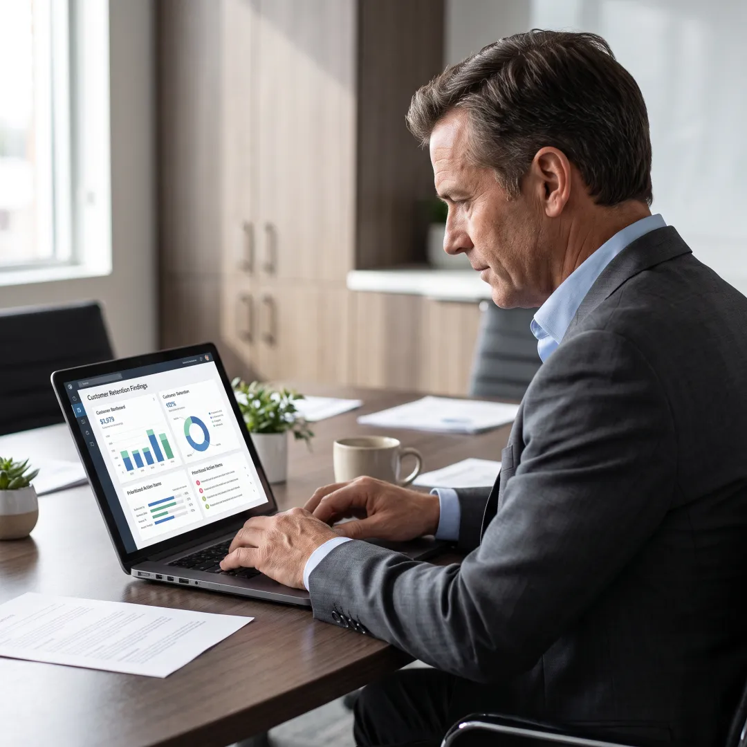 Executive reviewing retention insights with a consultant