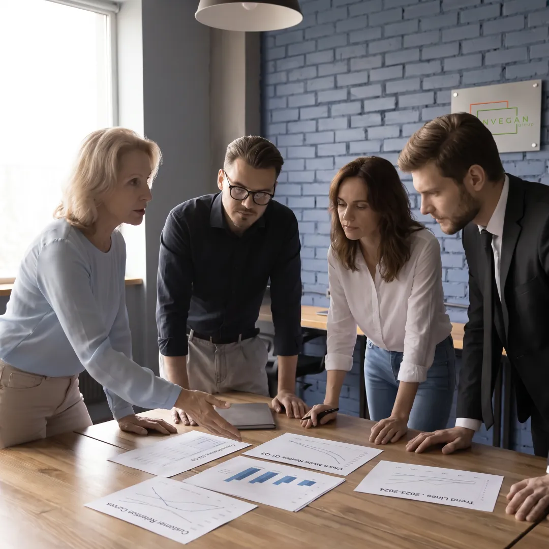 Business consultant reviewing growth insights with a small team